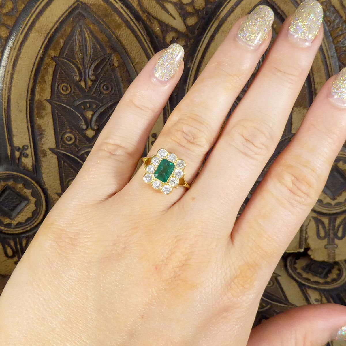 Contemporary Edwardian Style 0.90ct Emerald & Diamond Cluster Ring in 18ct Gold For Sale 2