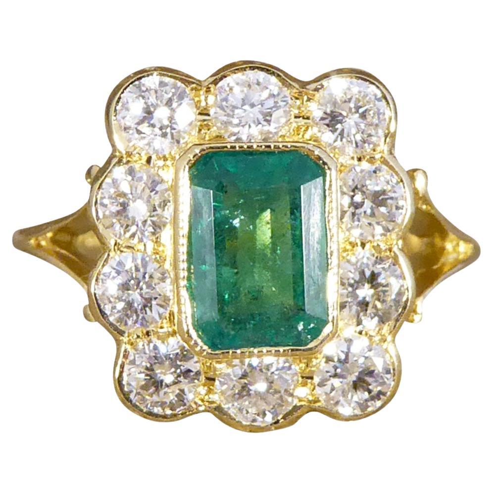 Contemporary Edwardian Style 0.90ct Emerald & Diamond Cluster Ring in 18ct Gold For Sale