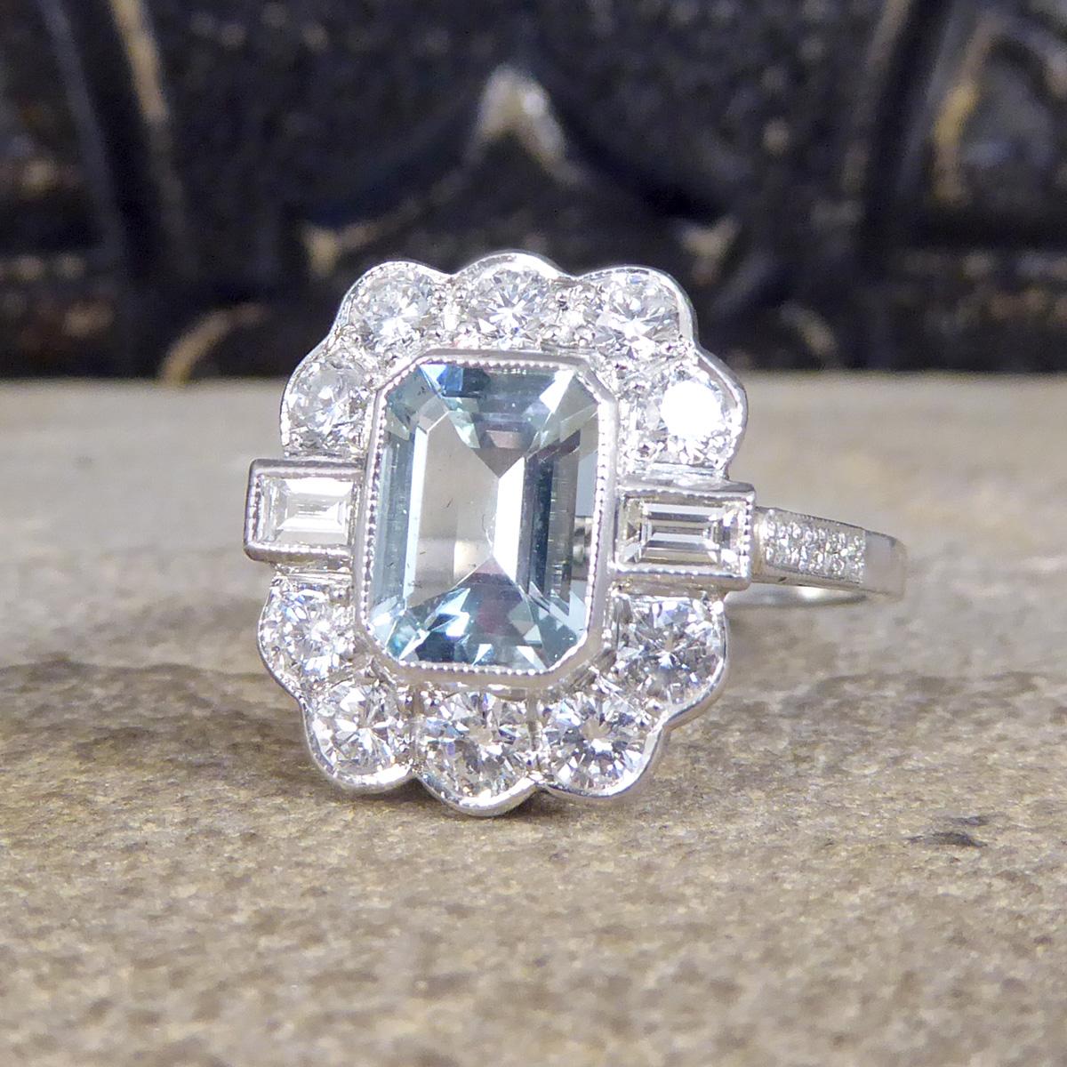 Women's or Men's Contemporary Edwardian Style 1.30ct Aquamarine and Diamond Ring in Platinum