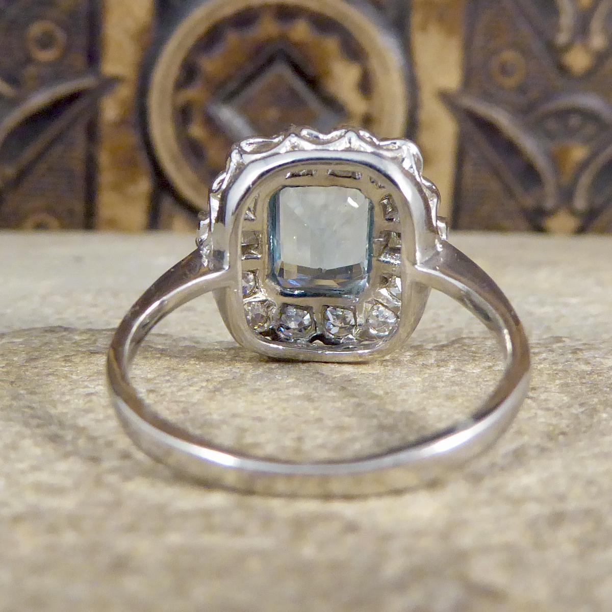 Emerald Cut Contemporary Edwardian Style 1.60 Carat Aquamarine and Diamond Ring in Platinum