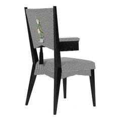 Contemporary Elbow Chair in Black and White Dedar Fabric Embroidered with Rose