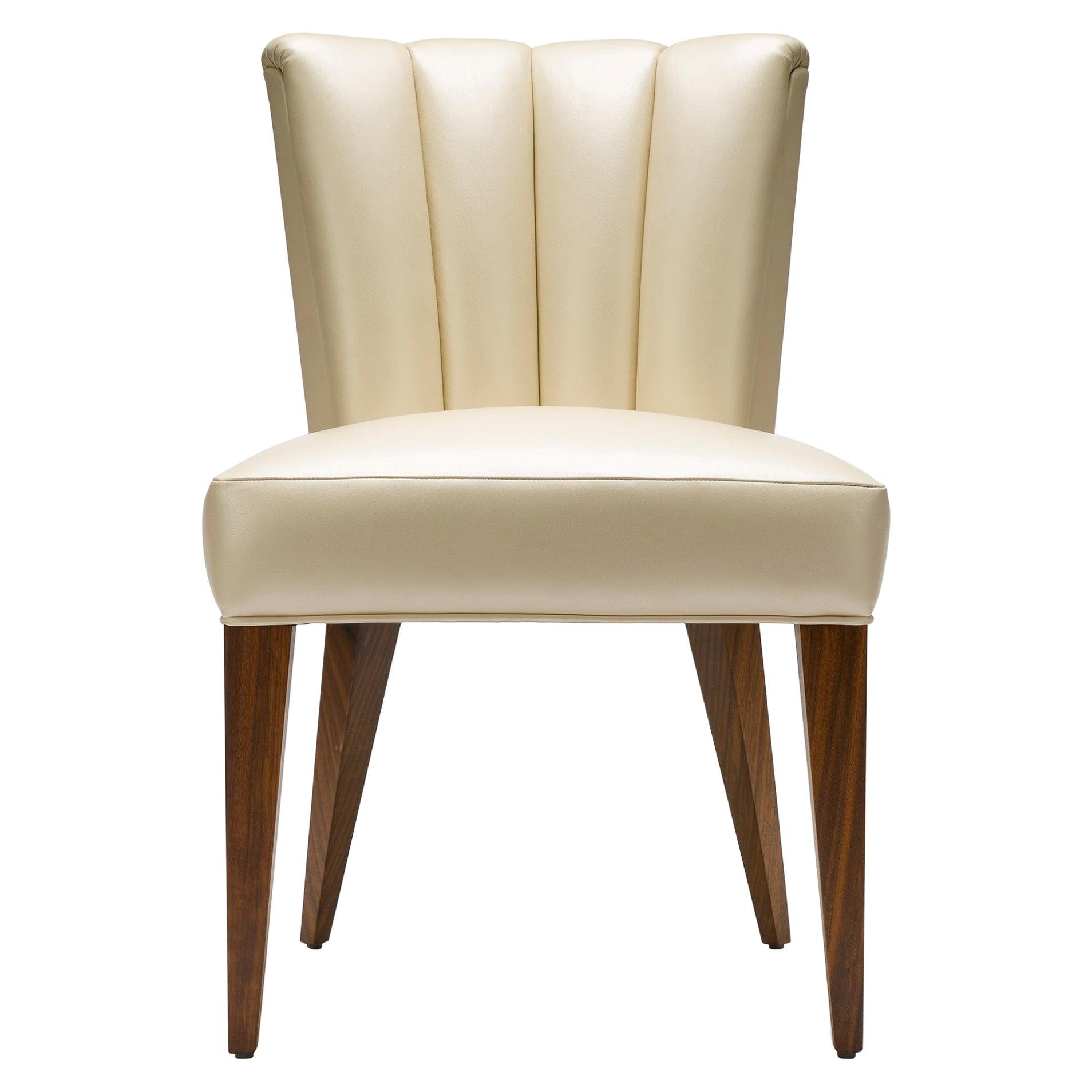 Contemporary Elodie Dining Chair in Champagne Pearlized Leather with Walnut Legs