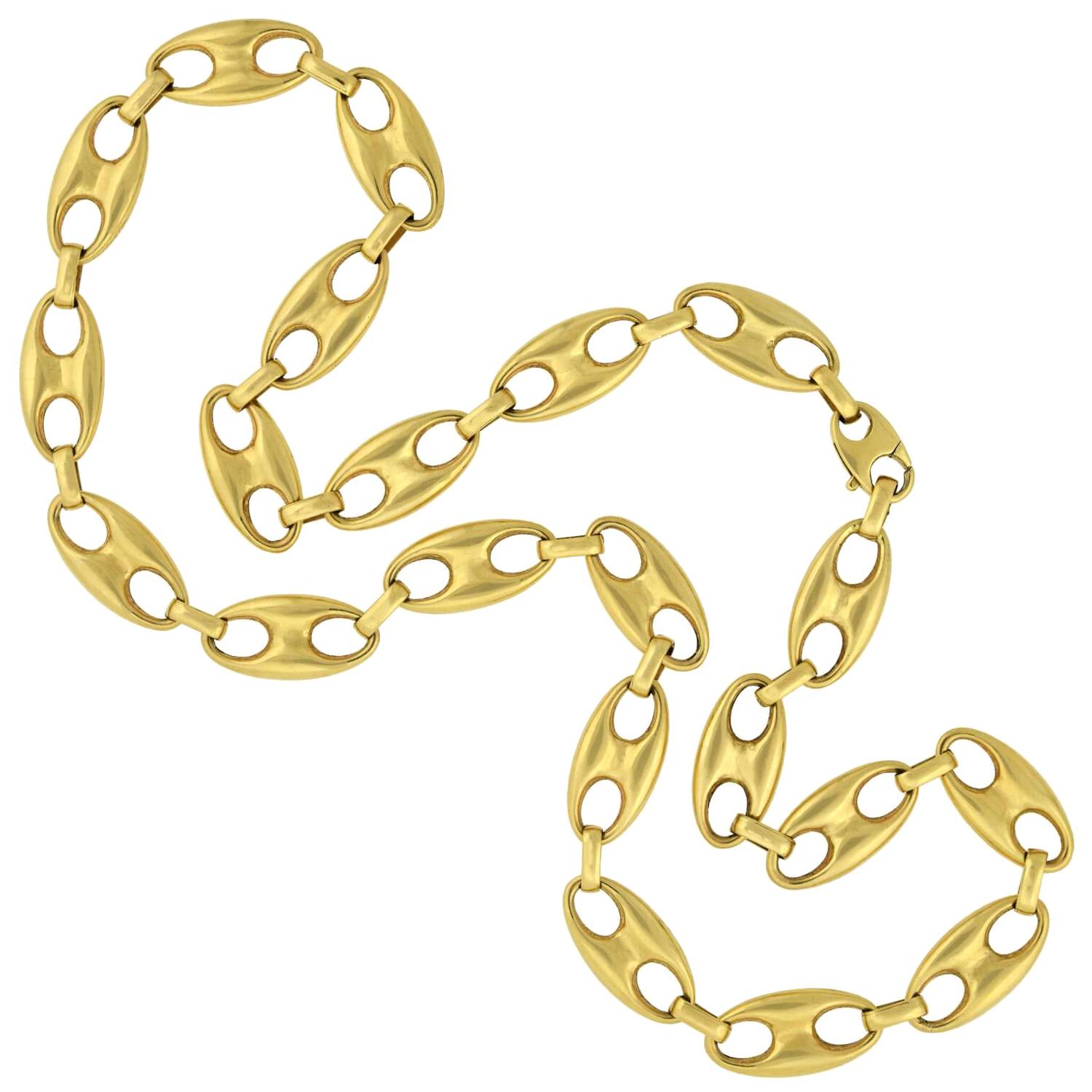 Contemporary Elongated Mariner Link Yellow Gold Chain Necklace