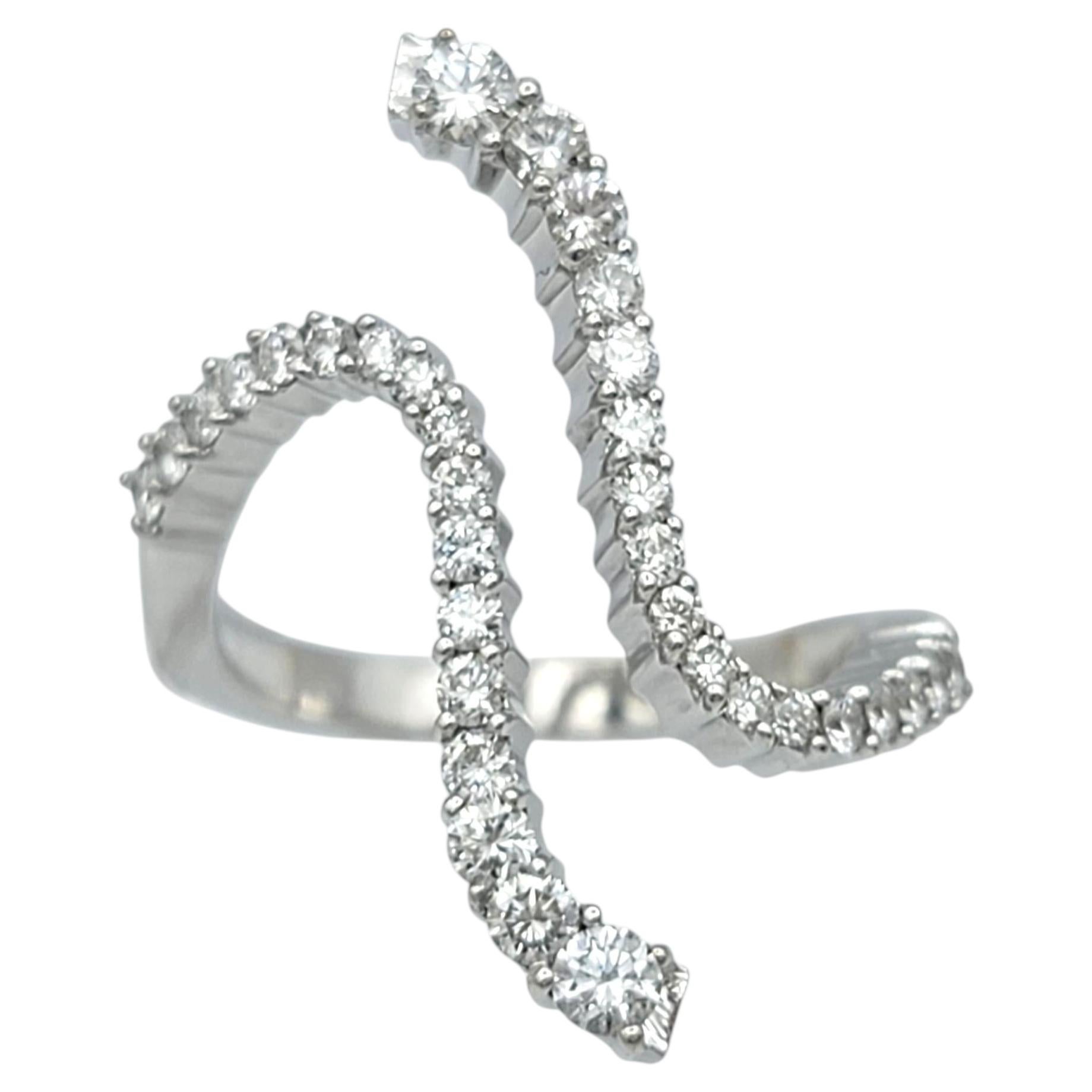 Contemporary Elongated Pavé Diamond Open Bypass Style Ring 18 Karat White Gold