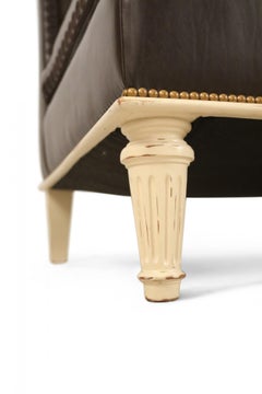 Contemporary Embroidered Brown Leather and Painted Wood Sofa