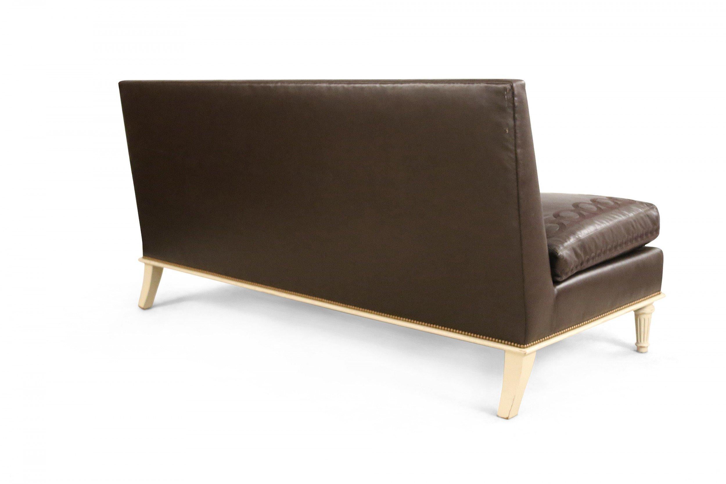 Modern Contemporary Embroidered Brown Leather and Painted Wood Sofa For Sale