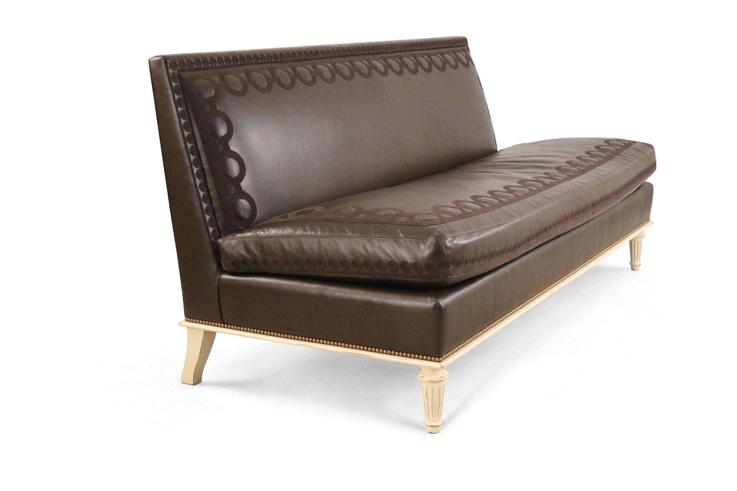 Contemporary Embroidered Brown Leather and Painted Wood Sofa For Sale 2