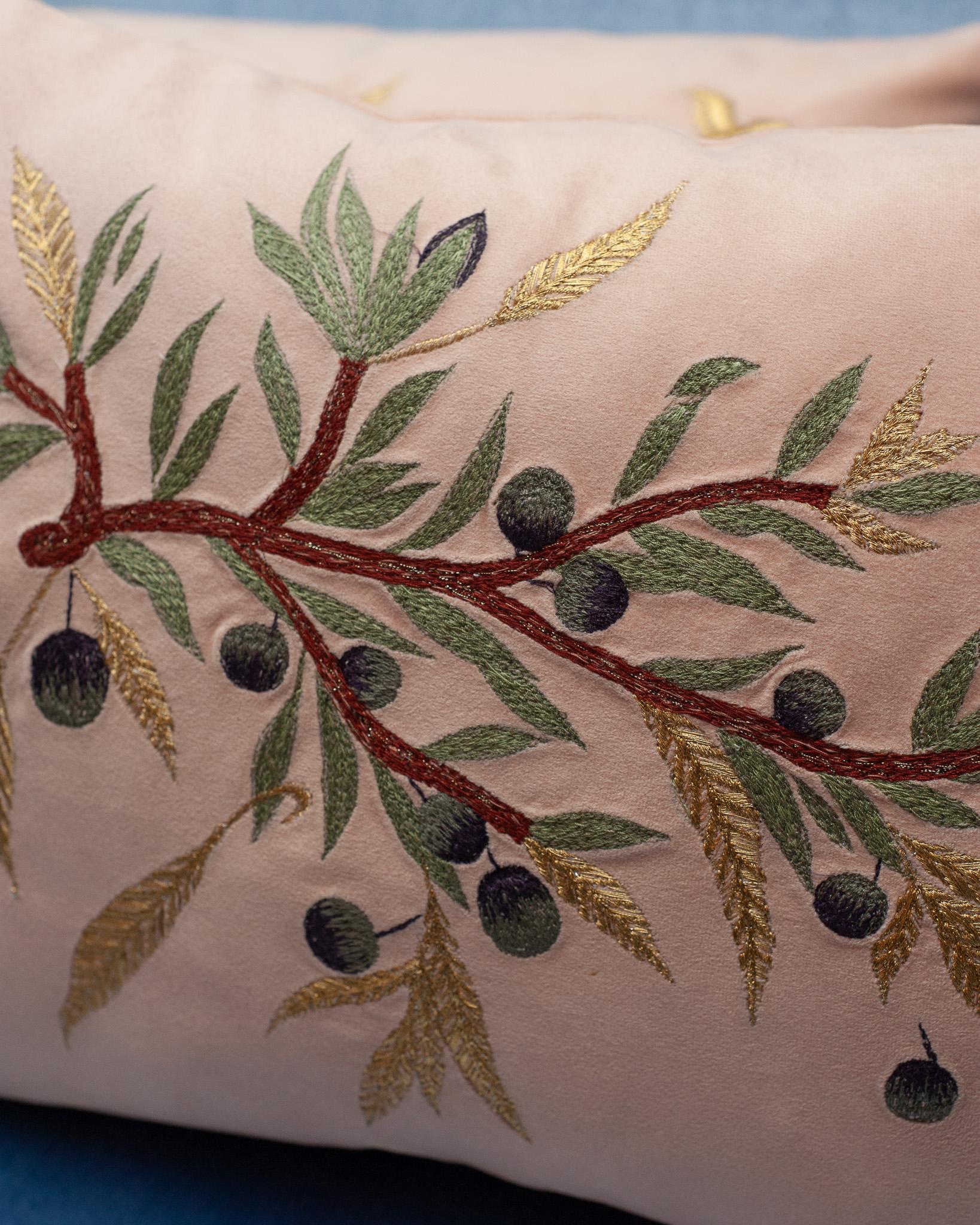 Lebanese Contemporary Embroidered Pillow on Soft Pink Ultrasuede with Dove & Olive Branch For Sale