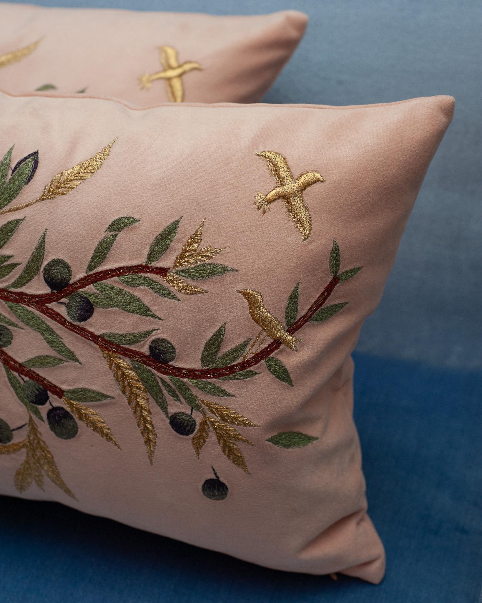 Contemporary Embroidered Pillow on Soft Pink Ultrasuede with Dove & Olive Branch In New Condition For Sale In Toronto, ON