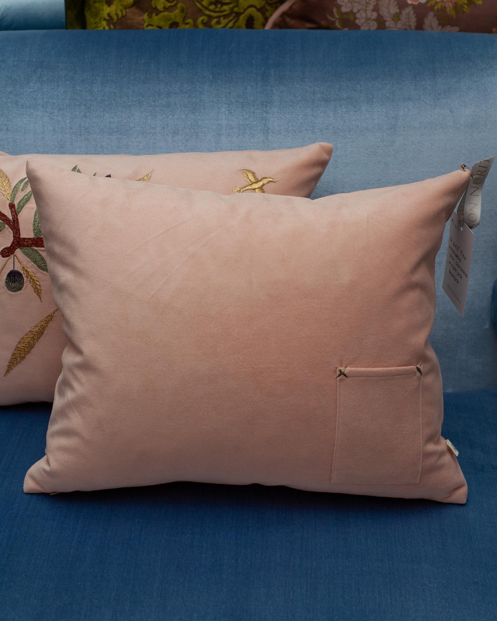 Contemporary Embroidered Pillow on Soft Pink Ultrasuede with Dove & Olive Branch For Sale 1