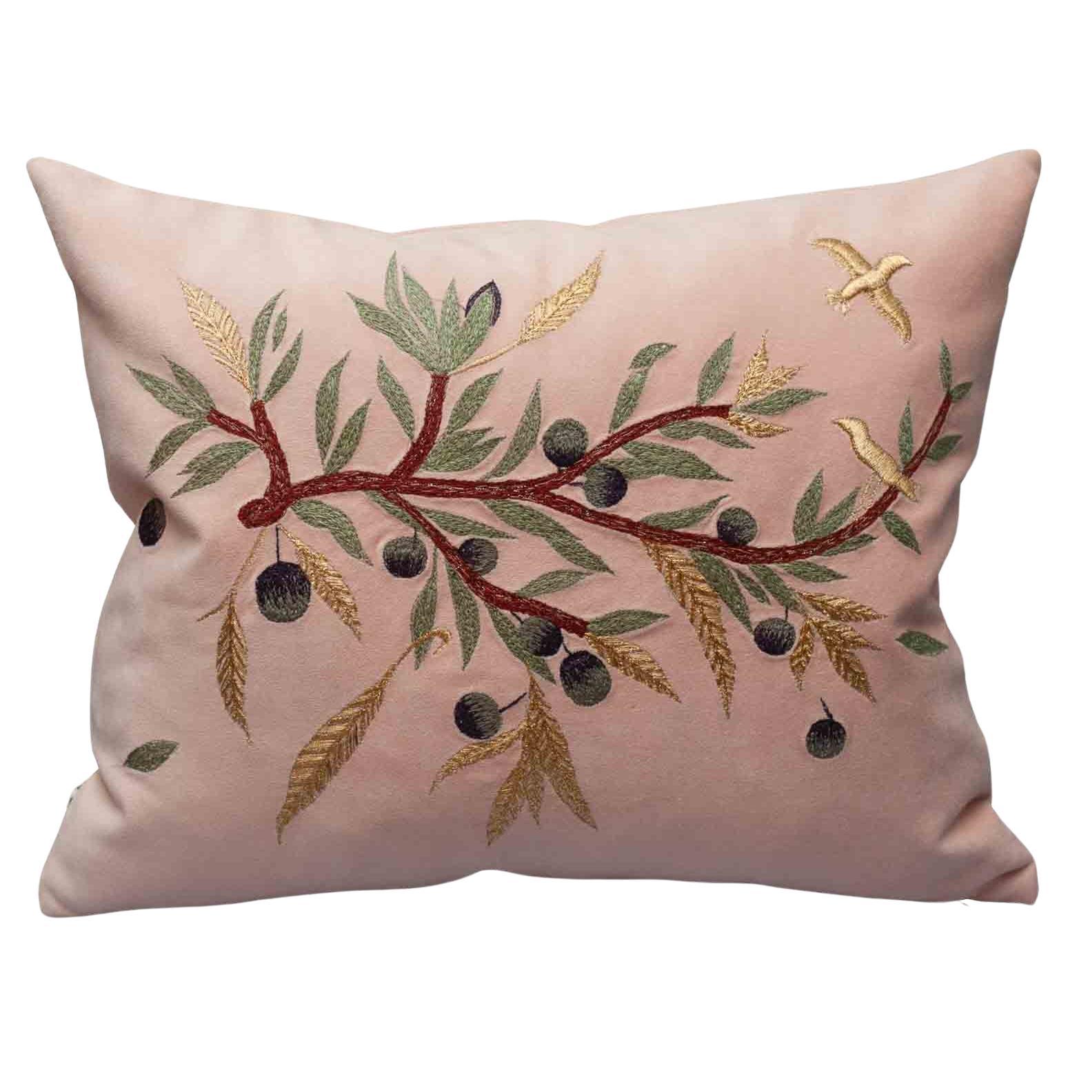 Contemporary Embroidered Pillow on Soft Pink Ultrasuede with Dove & Olive Branch For Sale