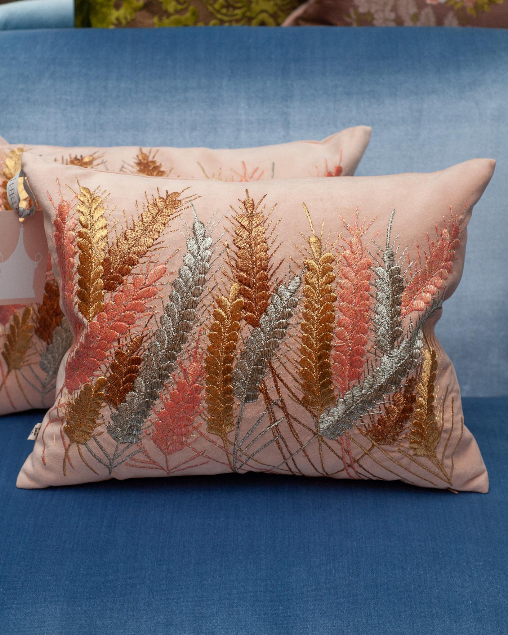 A stunning embroidered pillow with wheat motifs, ornately embroidered with gold, copper, and silver toned metallic thread on an ultrasuede backing. Casual yet elegant, a new pair of pillows can transform a space with a modest investment. 