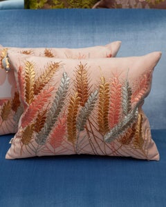 Contemporary Embroidered Pillow on Soft Pink Ultrasuede with Metallic Wheat