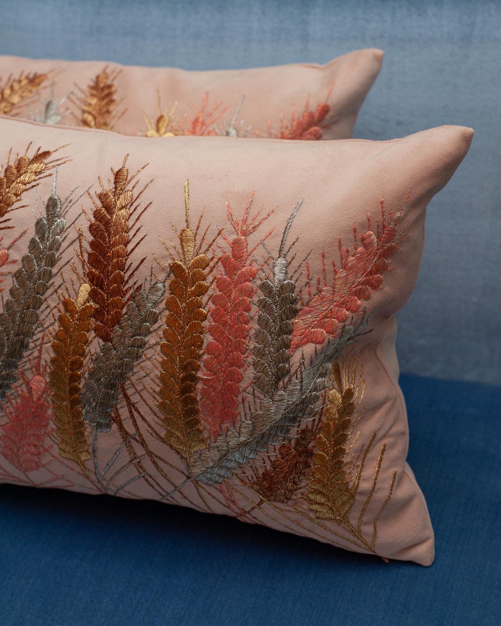 Contemporary Embroidered Pillow on Soft Pink Ultrasuede with Metallic Wheat In New Condition For Sale In Toronto, ON
