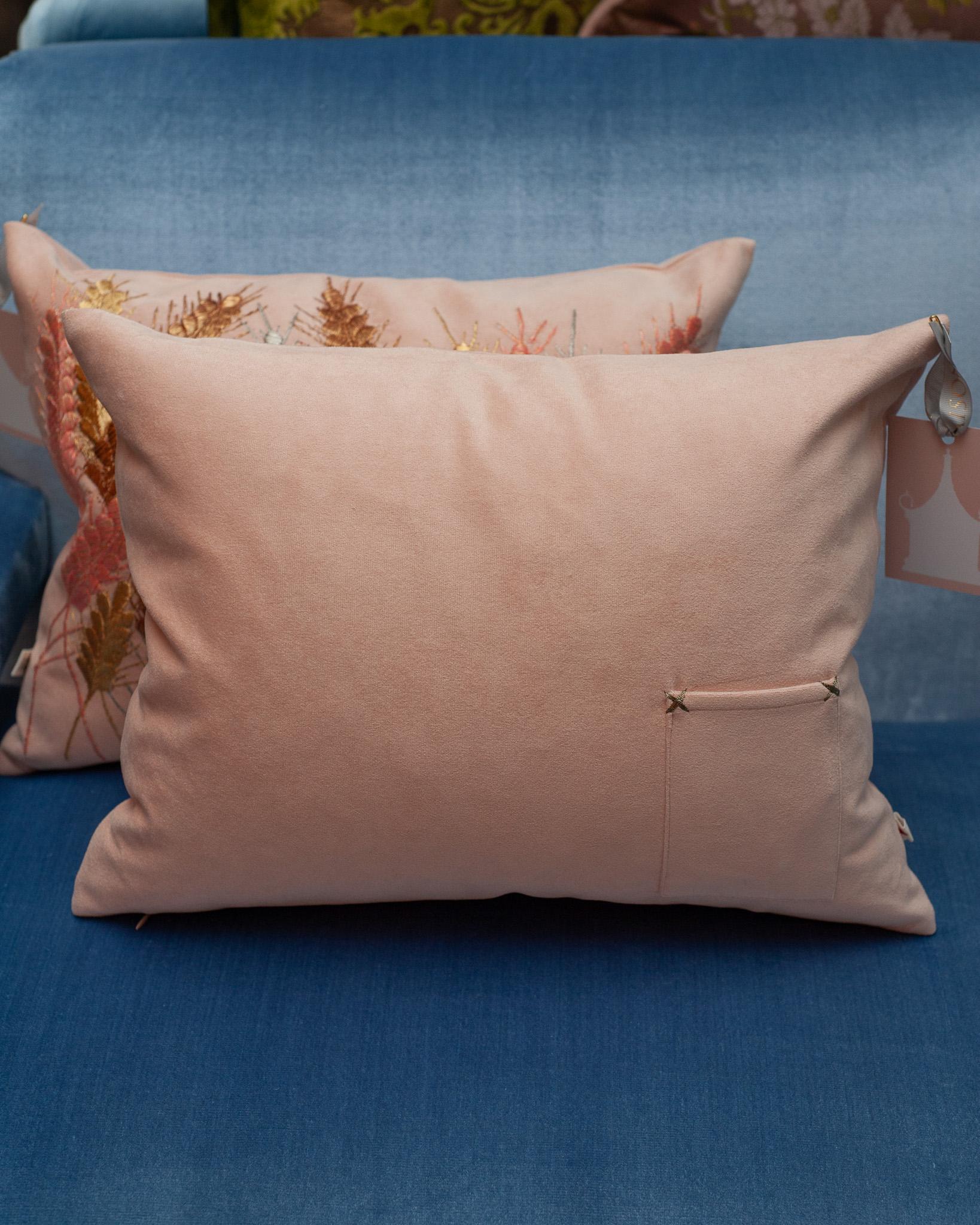 Contemporary Embroidered Pillow on Soft Pink Ultrasuede with Metallic Wheat For Sale 1