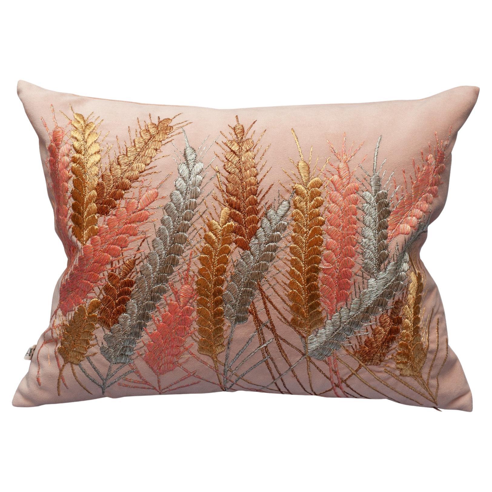Contemporary Embroidered Pillow on Soft Pink Ultrasuede with Metallic Wheat For Sale
