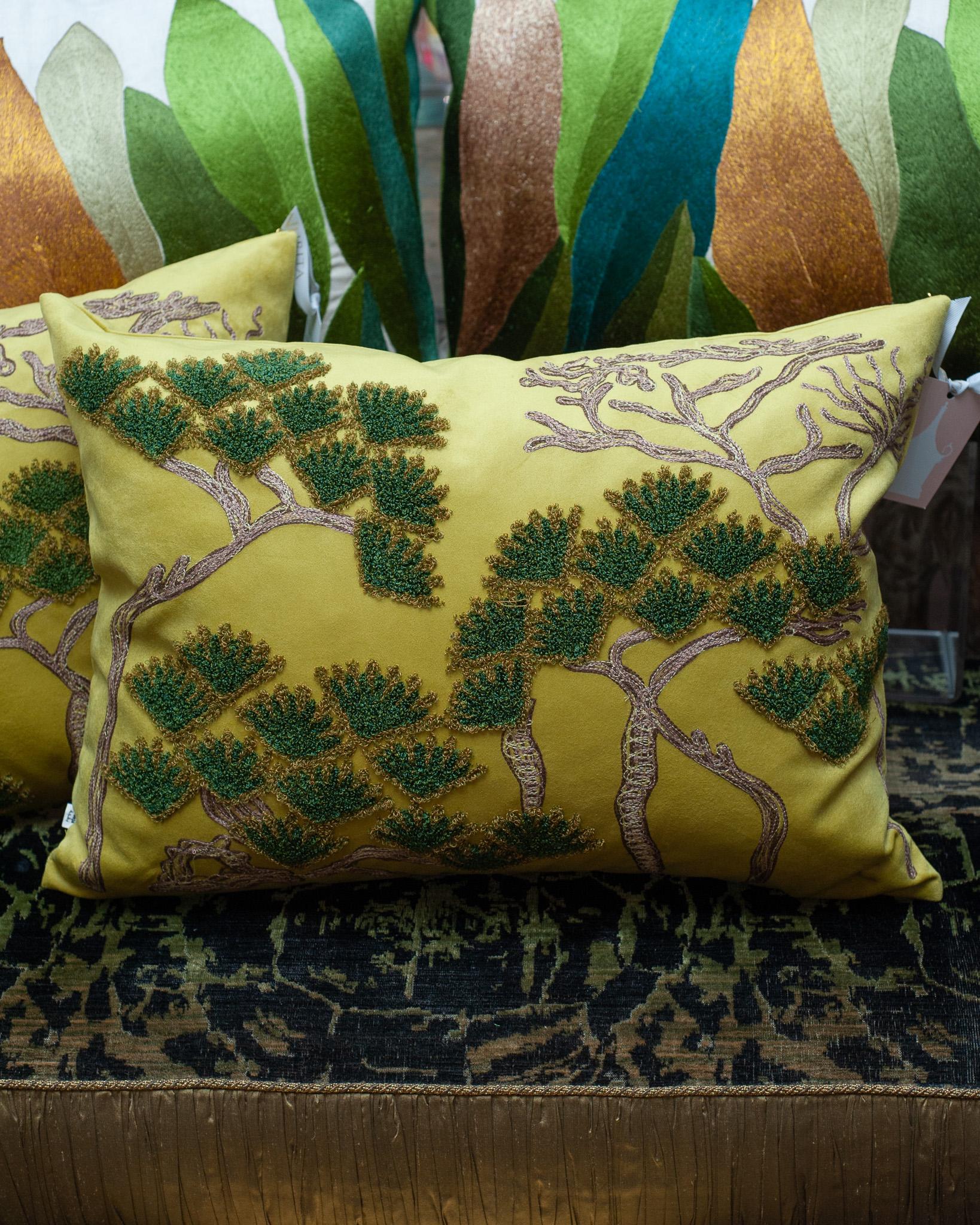 A beautiful large embroidered pillow with pine tress, ornately embroidered in a combination of thicknesses of coloured thread on an ultrasuede backing. Casual yet elegant, a new pair of pillows can transform a space with a modest investment. 