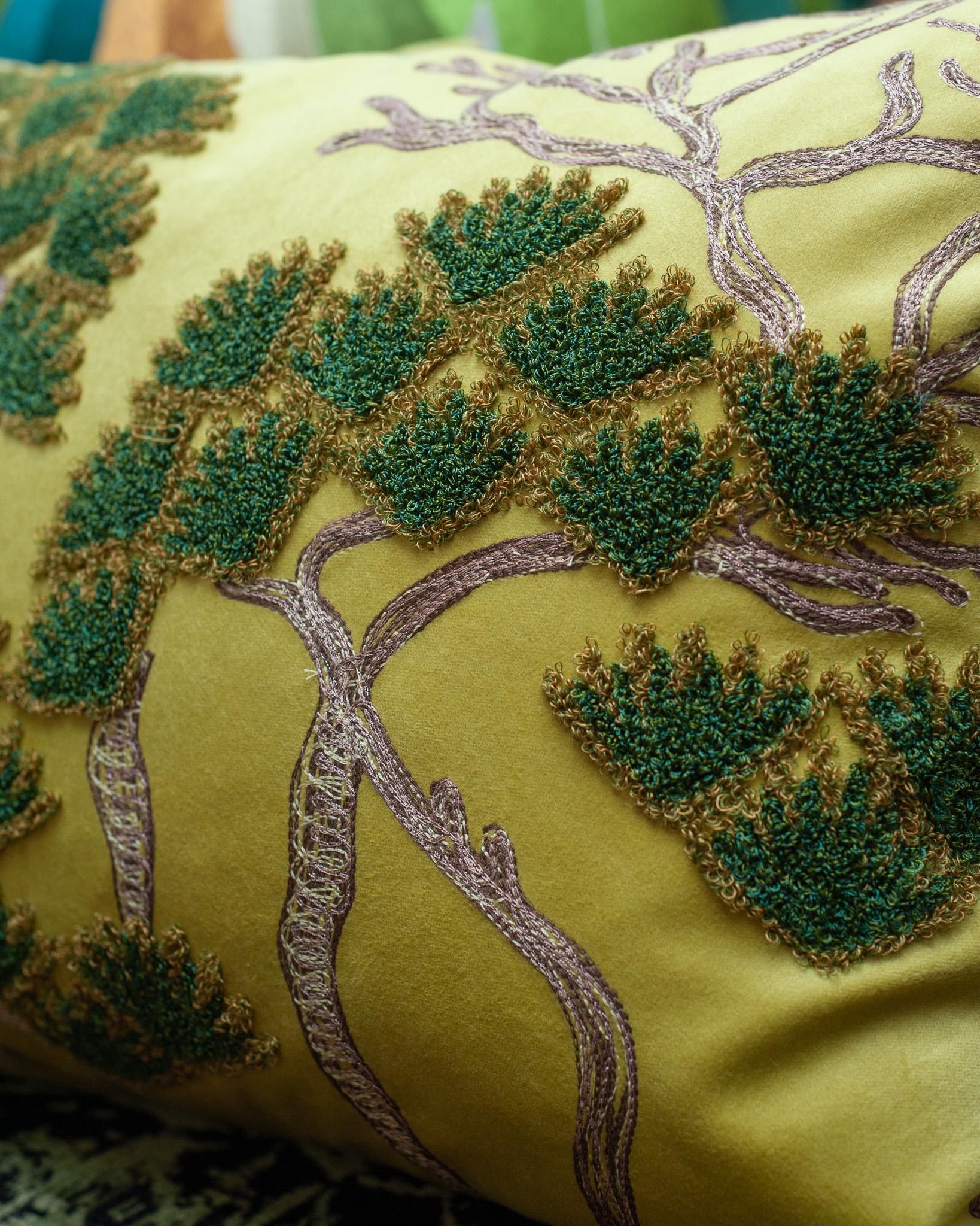 Lebanese Contemporary Embroidered Pillow on Yellow Green Ultrasuede with Pine Trees For Sale