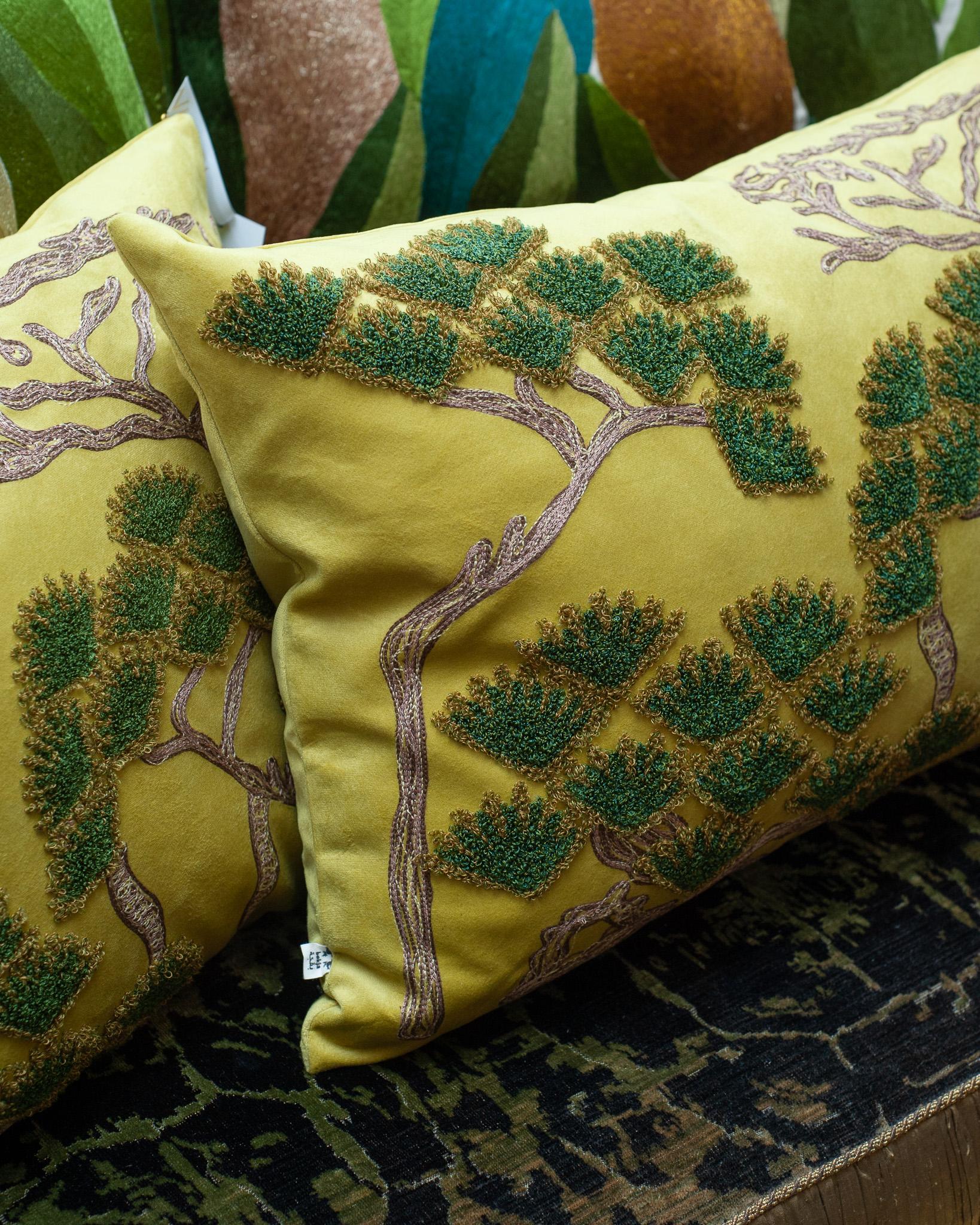 Contemporary Embroidered Pillow on Yellow Green Ultrasuede with Pine Trees In New Condition For Sale In Toronto, ON