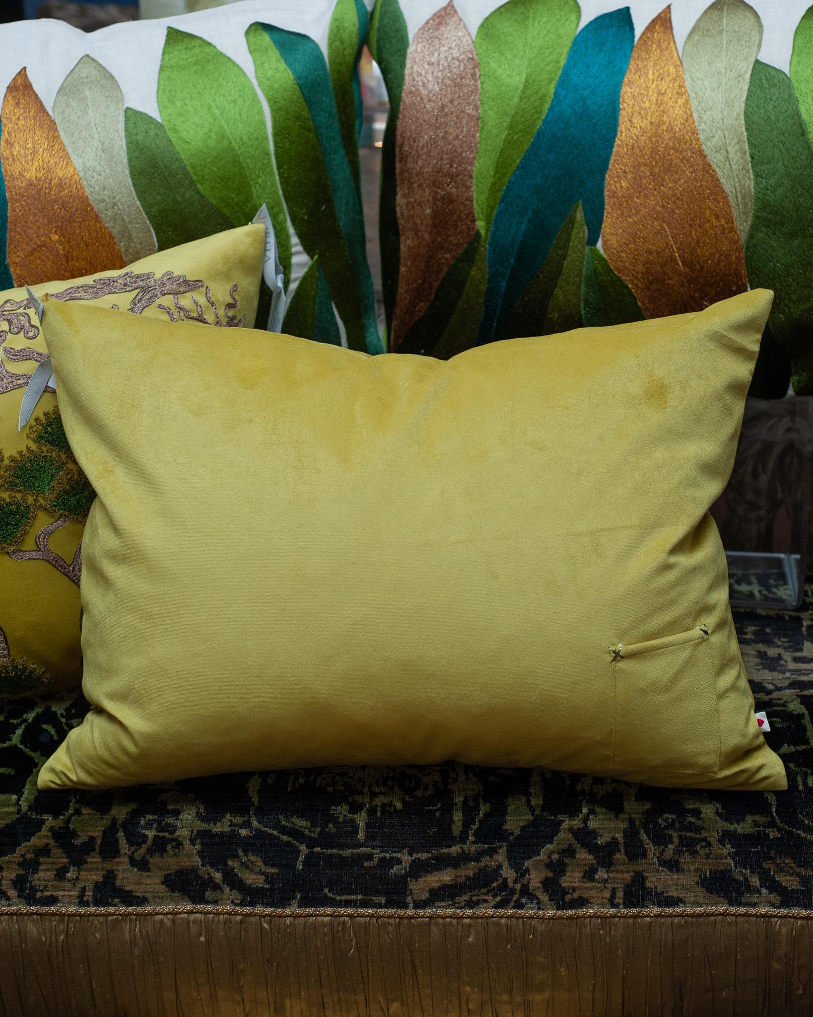 Contemporary Embroidered Pillow on Yellow Green Ultrasuede with Pine Trees For Sale 1