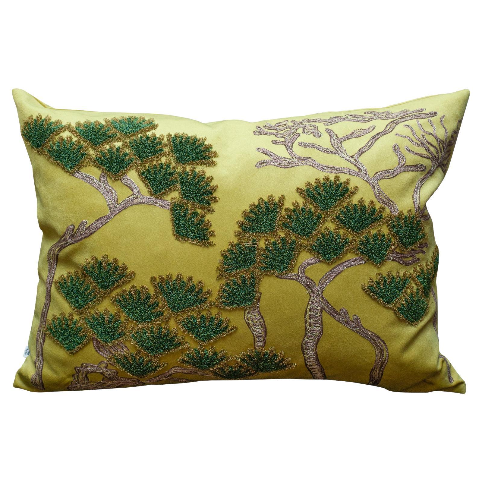 Contemporary Embroidered Pillow on Yellow Green Ultrasuede with Pine Trees For Sale