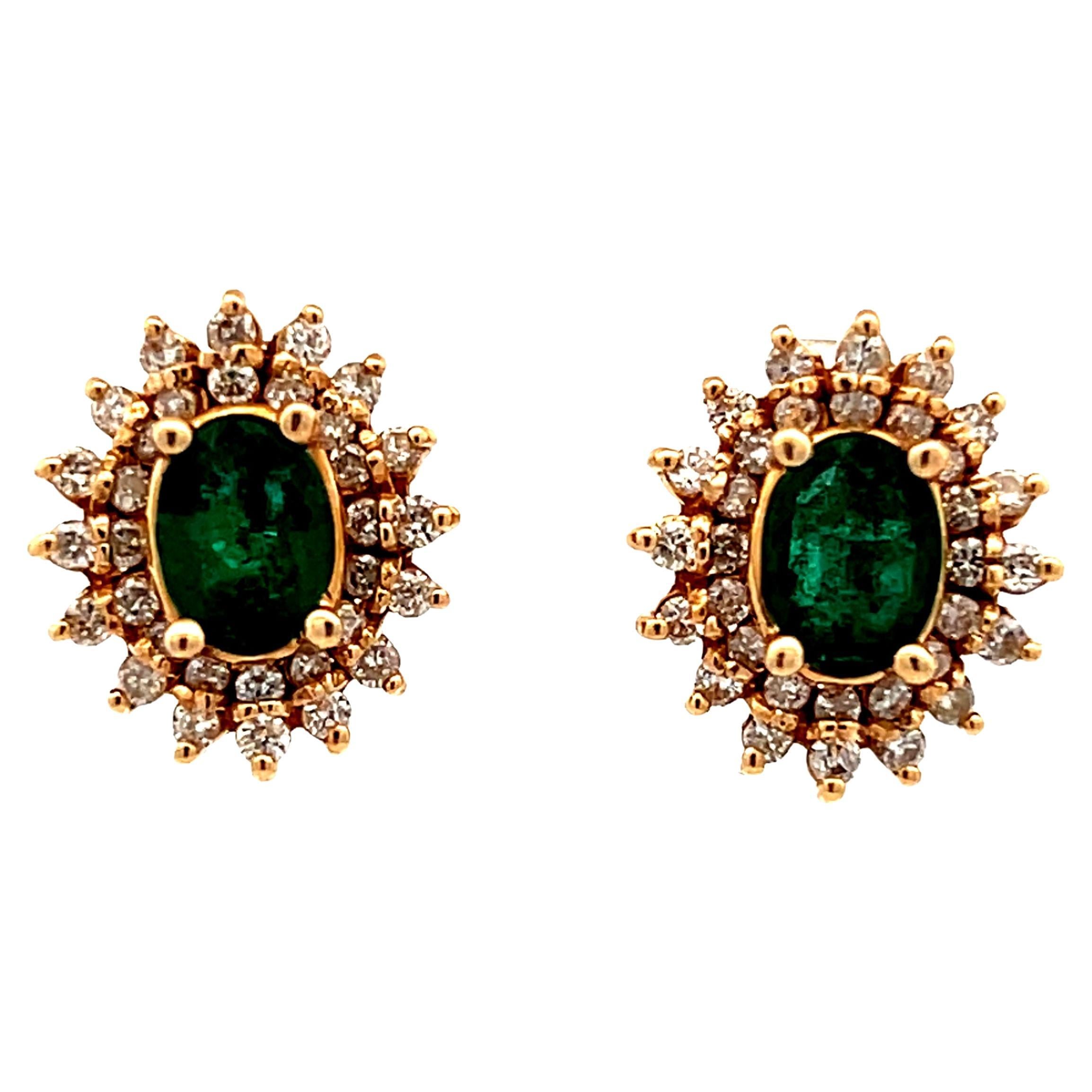 Contemporary Emerald and Diamond Cluster 14k Yellow Stud Earrings