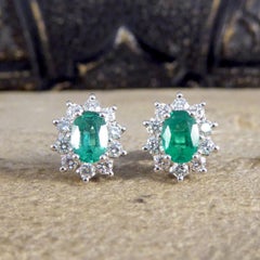Contemporary Emerald and Diamond Cluster Earrings in 18ct White Gold