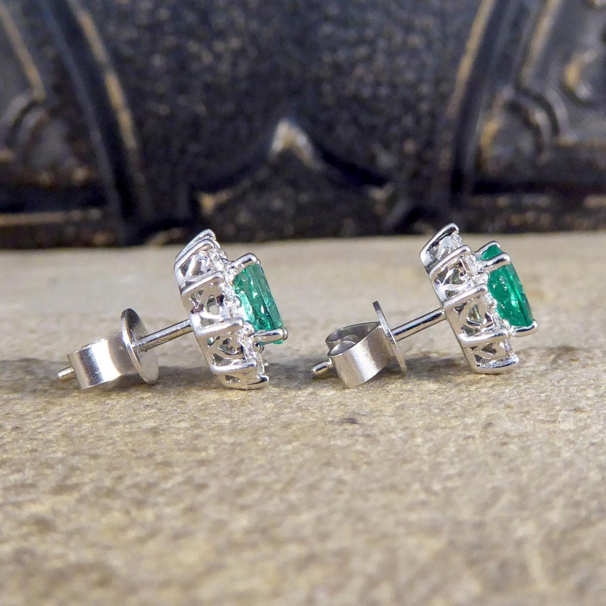 Modern Contemporary Emerald and Diamond Cluster Earrings in 18ct White Gold For Sale