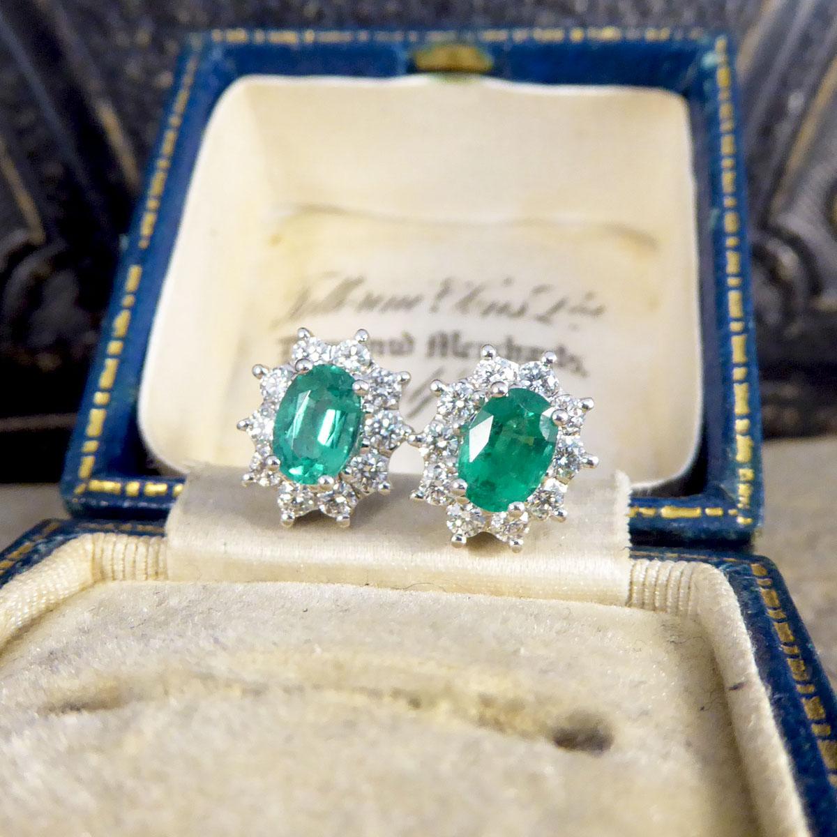 Contemporary Emerald and Diamond Cluster Earrings in 18ct White Gold For Sale 2