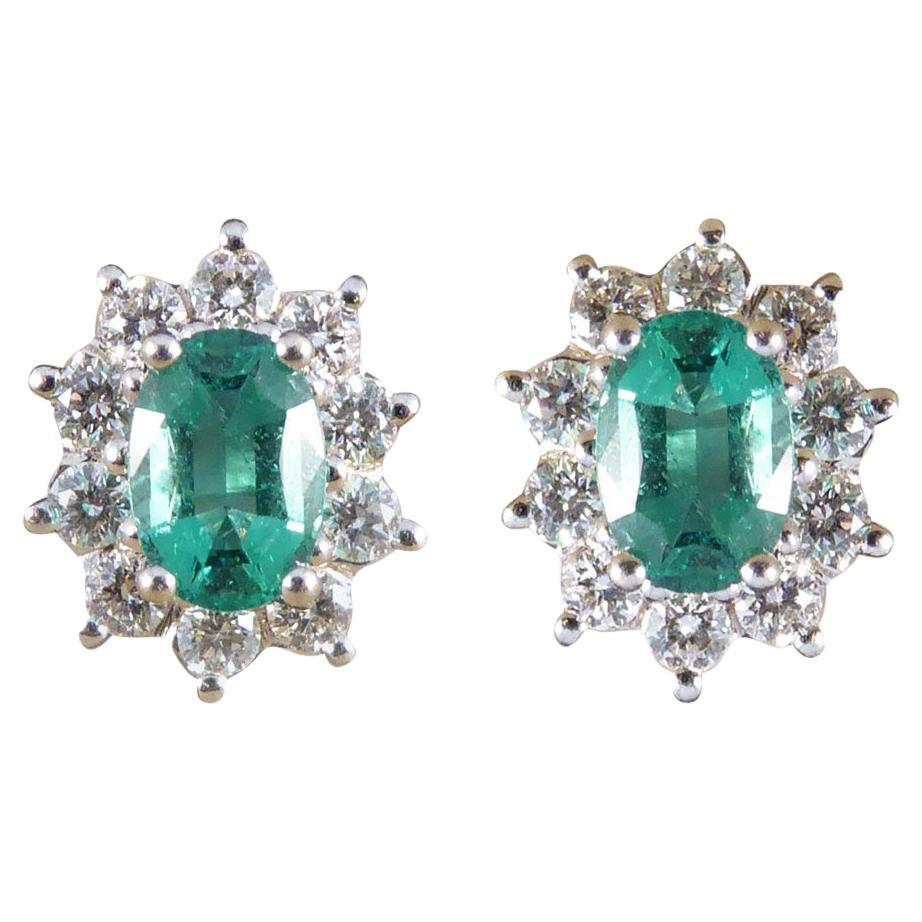 Contemporary Emerald and Diamond Cluster Earrings in 18ct White Gold For Sale