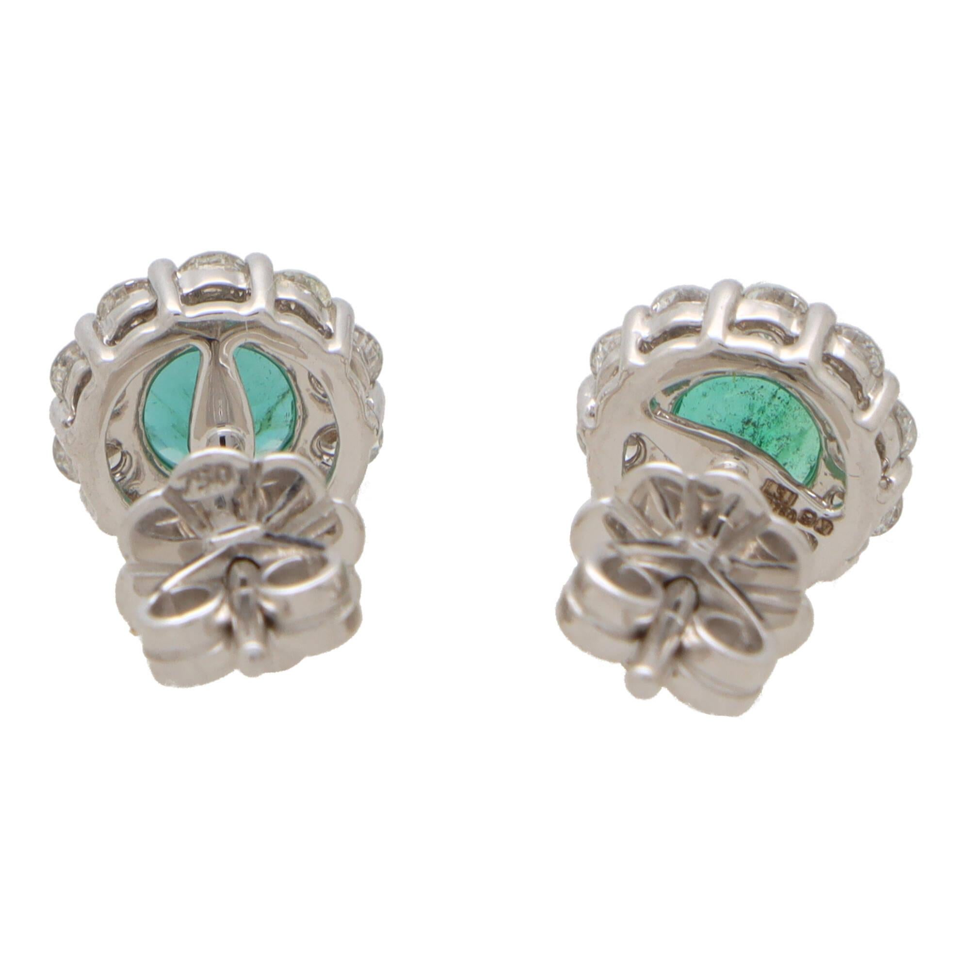 Women's or Men's Contemporary Emerald and Diamond Cluster Earrings in 18k White Gold For Sale
