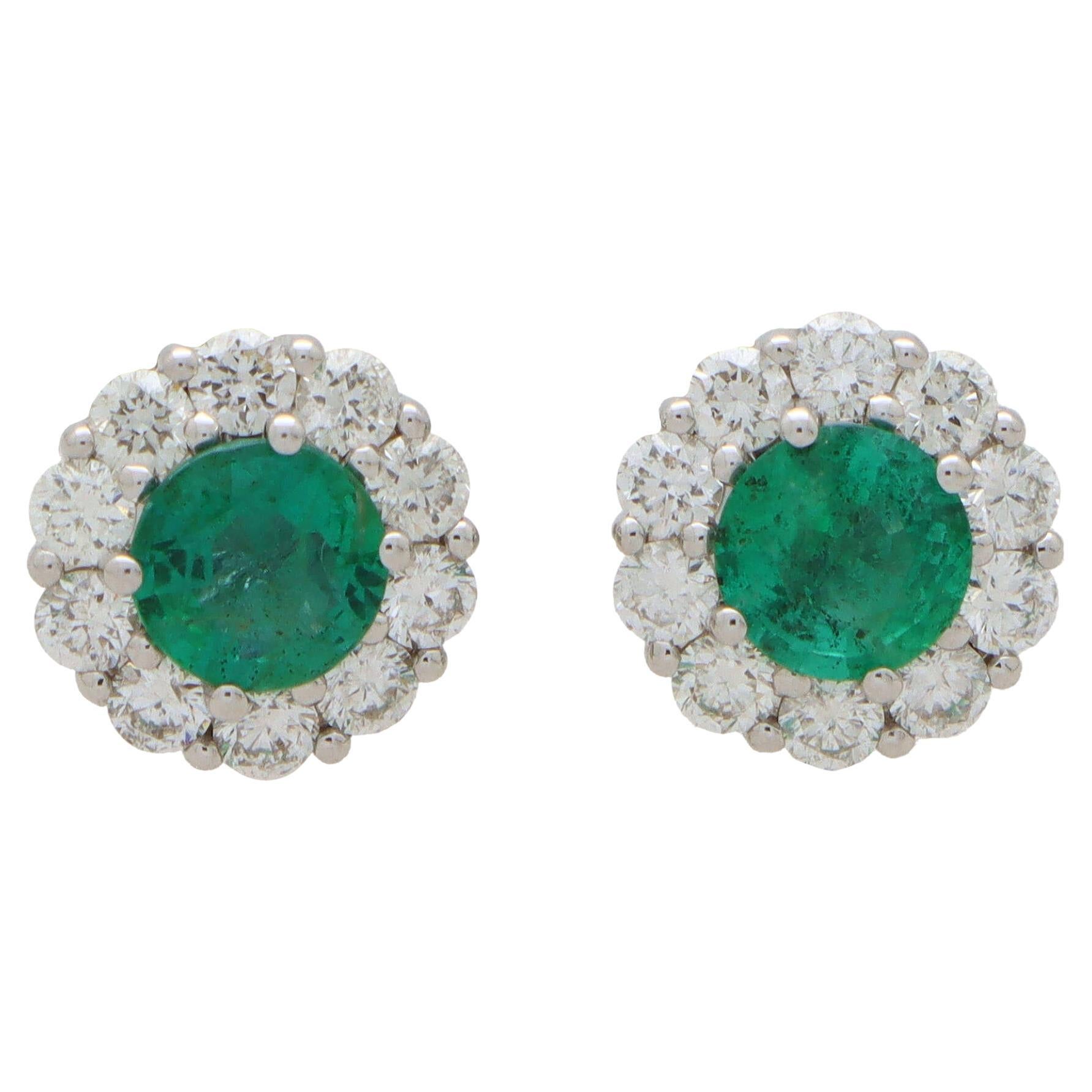 Contemporary Emerald and Diamond Cluster Earrings in 18k White Gold