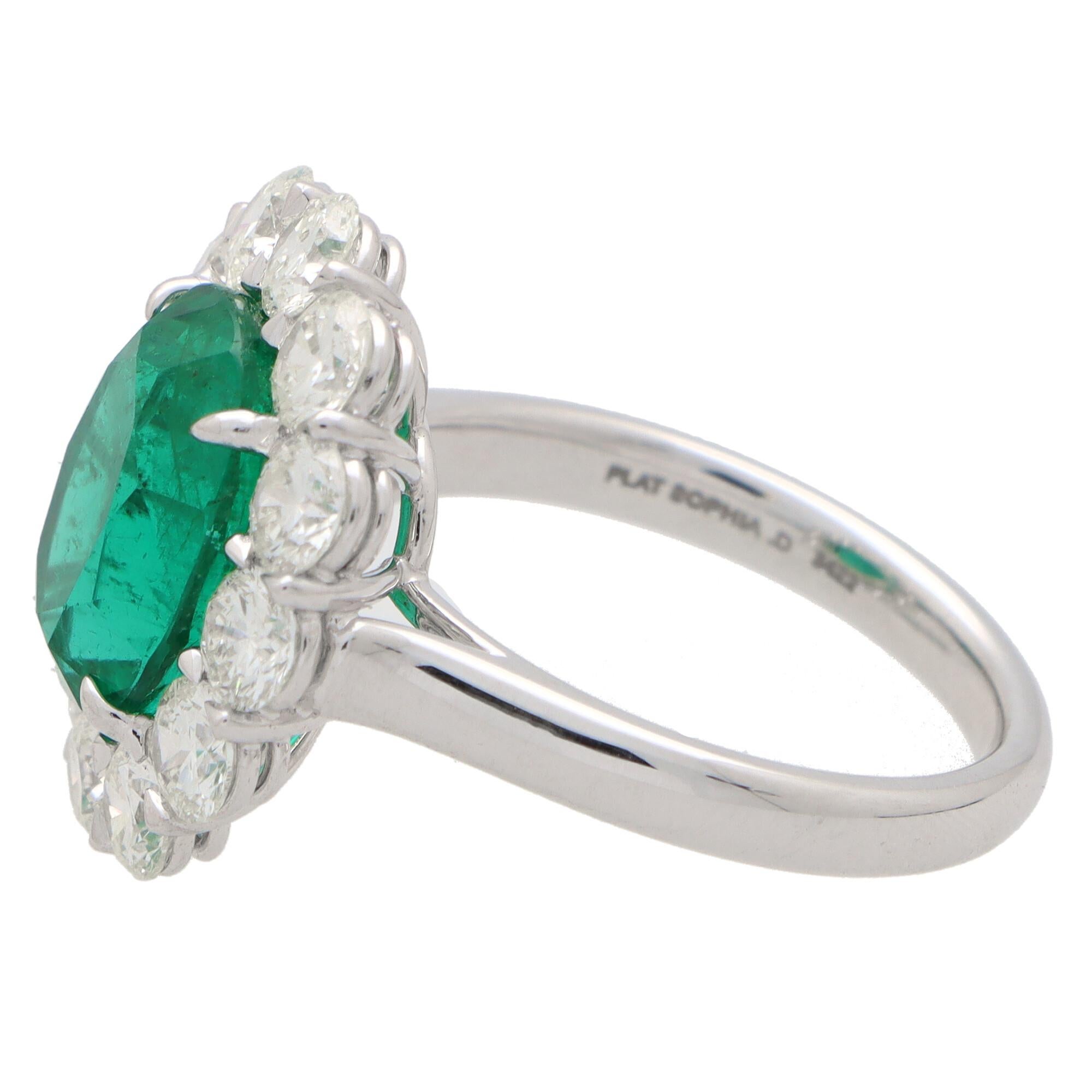 Women's or Men's Contemporary Emerald and Diamond Cluster Engagement Ring Set in Platinum 