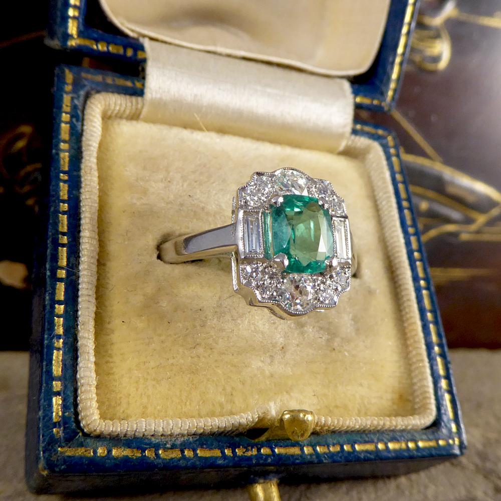 Contemporary Emerald and Diamond Cluster Ring Set in Platinum 5
