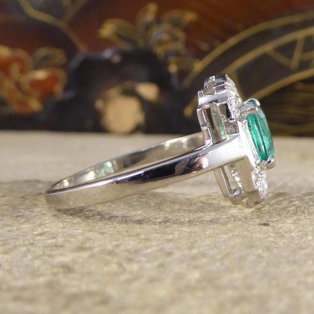 Modern Contemporary Emerald and Diamond Cluster Ring Set in Platinum