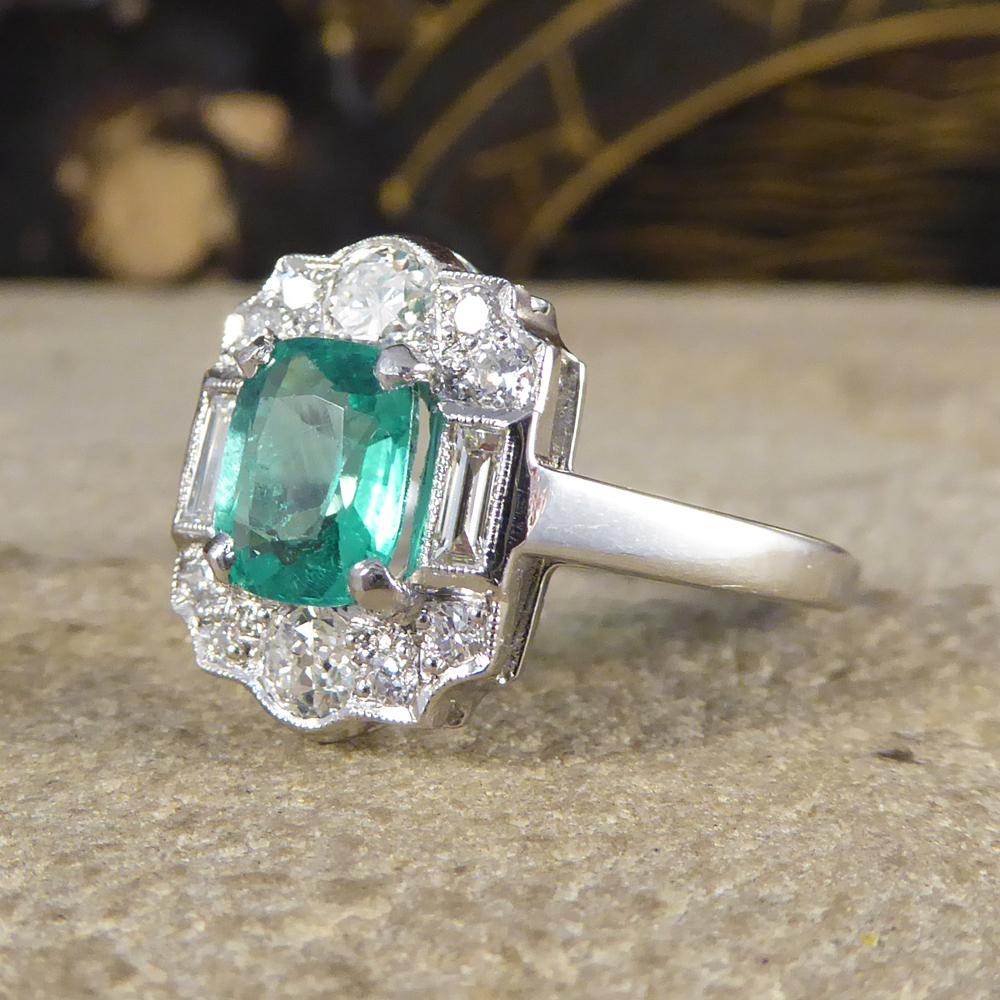 Women's Contemporary Emerald and Diamond Cluster Ring Set in Platinum