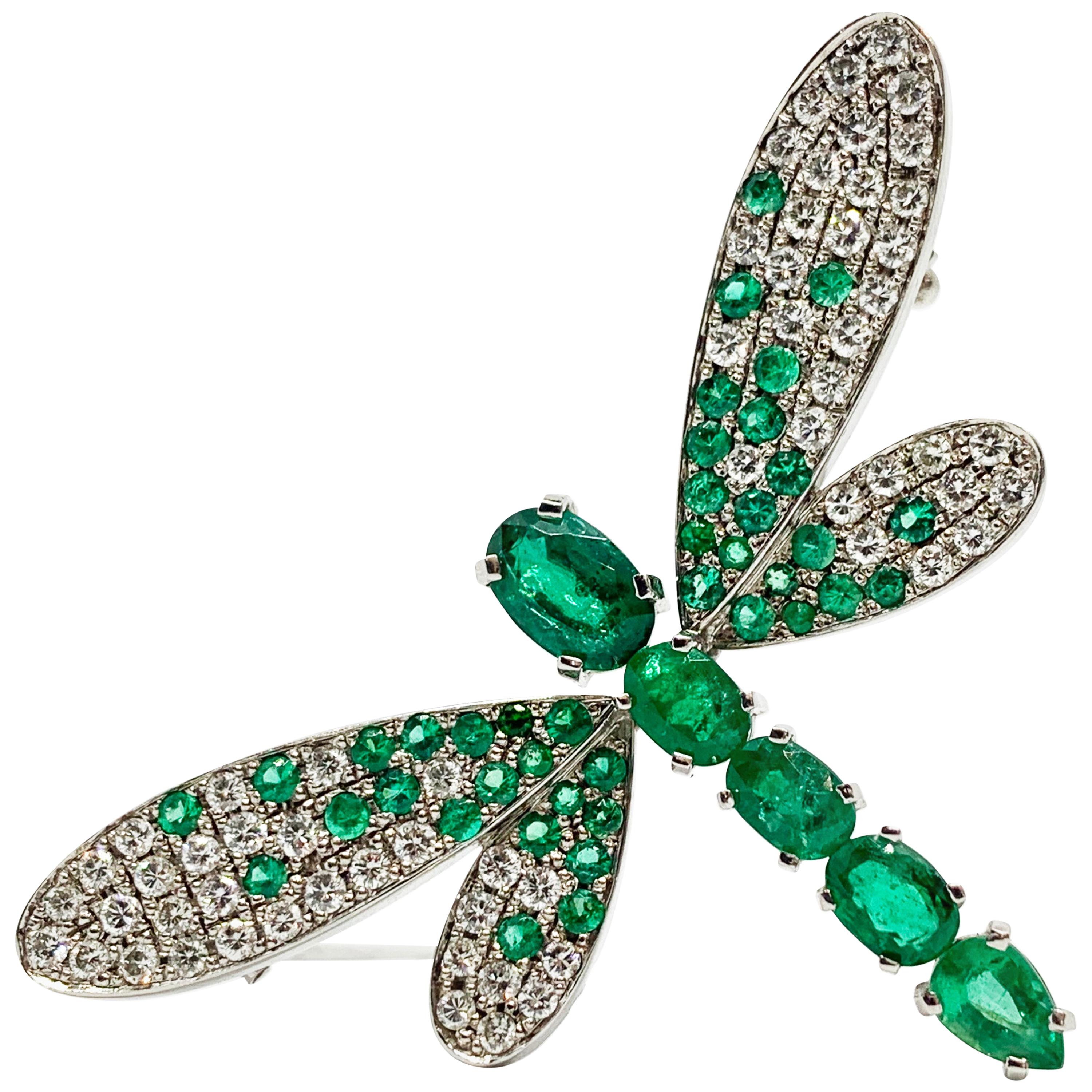 Rosior one-off Emerald and Diamond "Dragonfly" Brooch set in White Gold