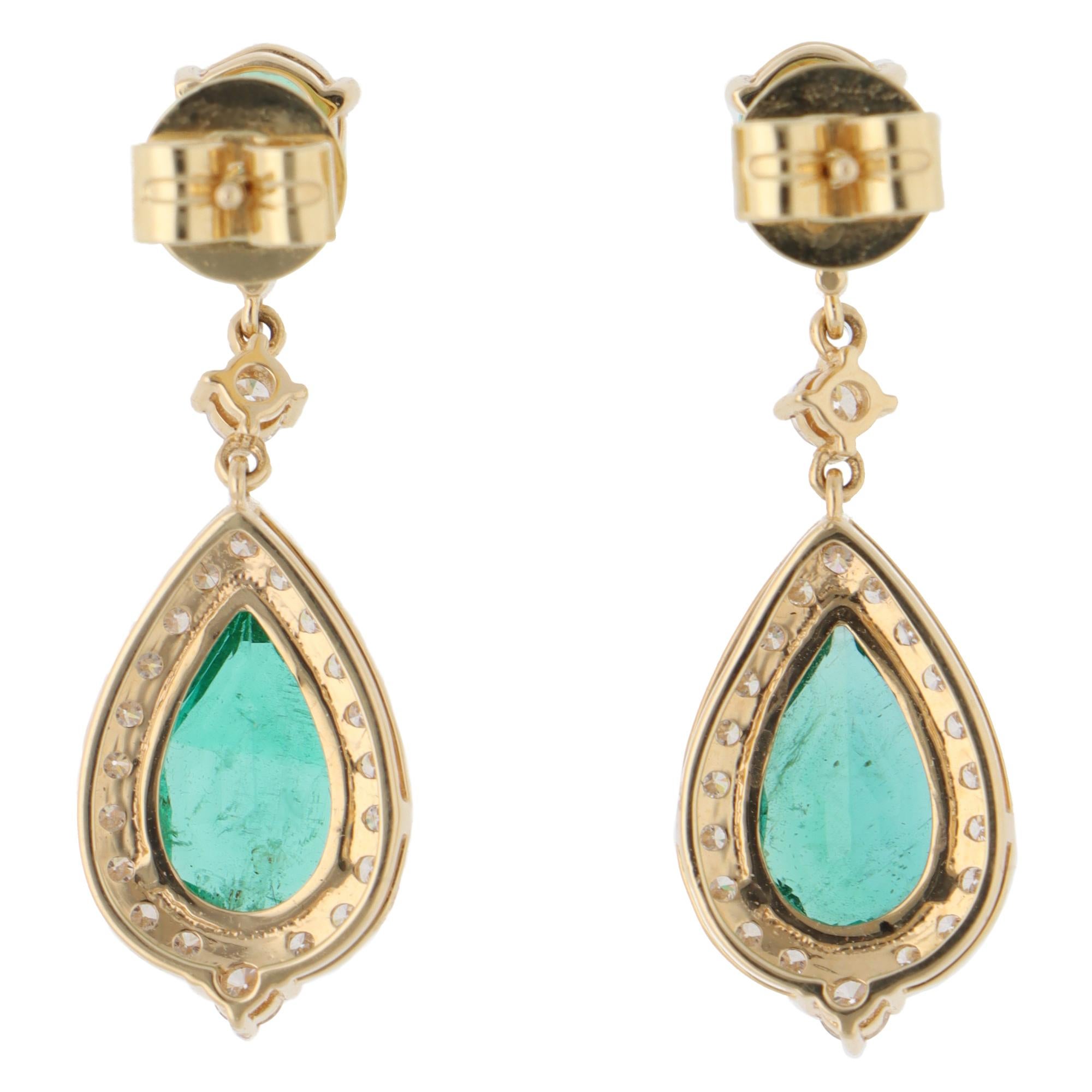 Modern Contemporary Emerald and Diamond Drop Earrings in Yellow Gold