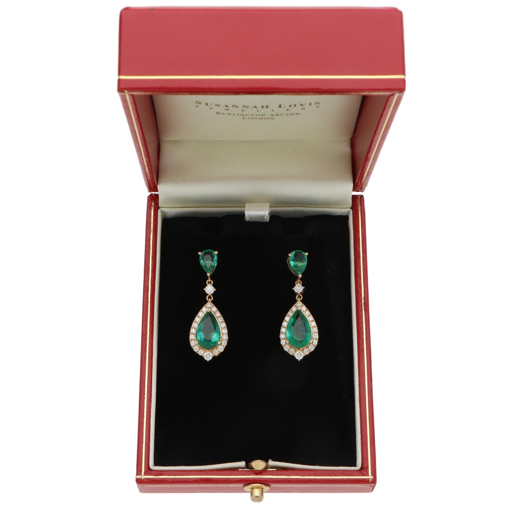 Pear Cut Contemporary Emerald and Diamond Drop Earrings in Yellow Gold