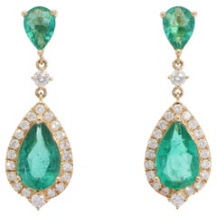 Contemporary Emerald and Diamond Drop Earrings in Yellow Gold