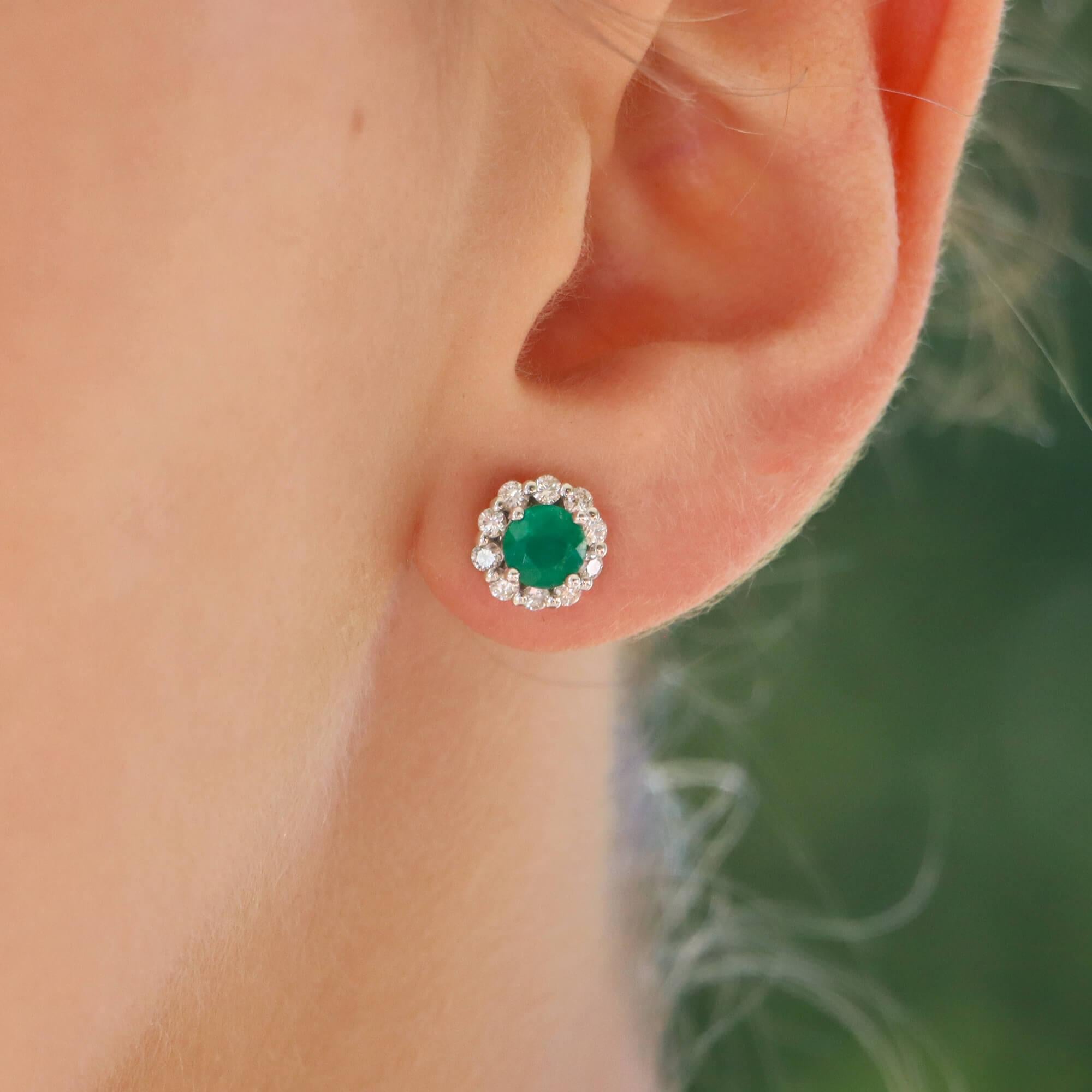 Modern Contemporary Emerald and Diamond Floral Cluster Earrings in 18k White Gold For Sale