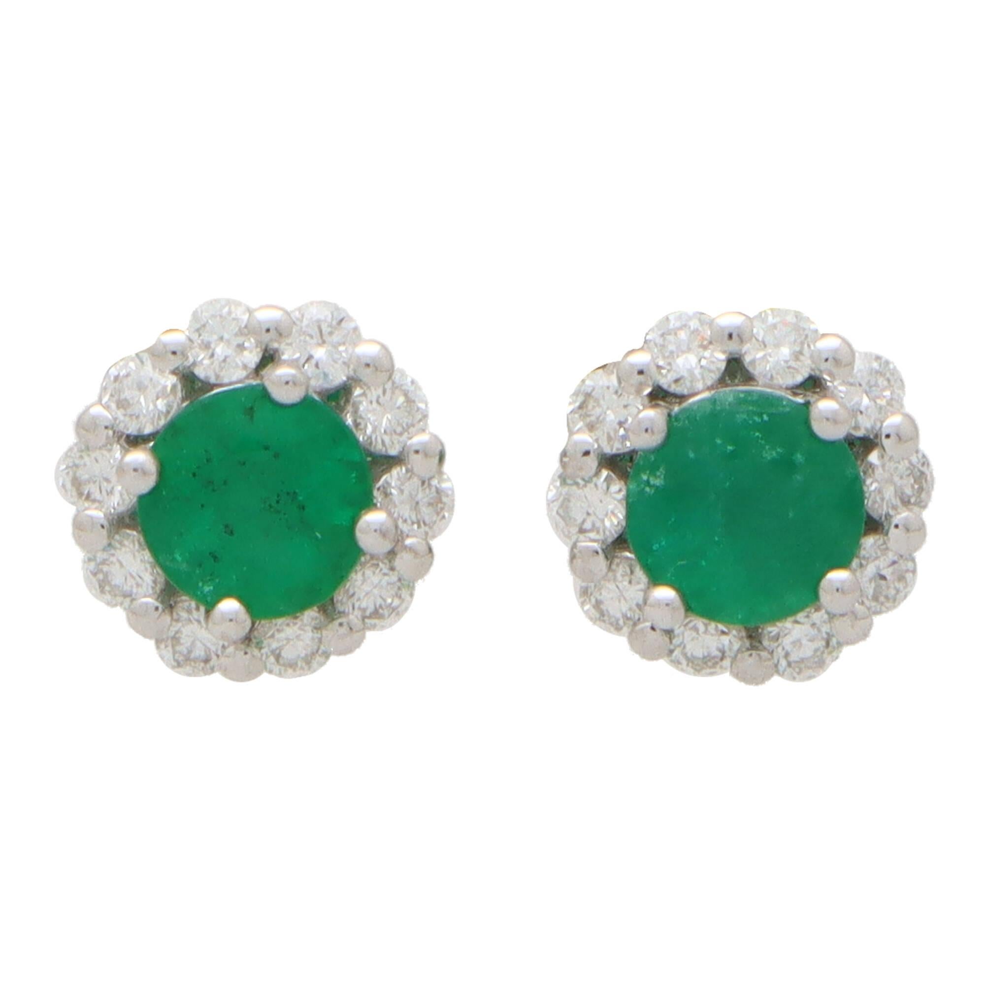 Round Cut Contemporary Emerald and Diamond Floral Cluster Earrings in 18k White Gold For Sale