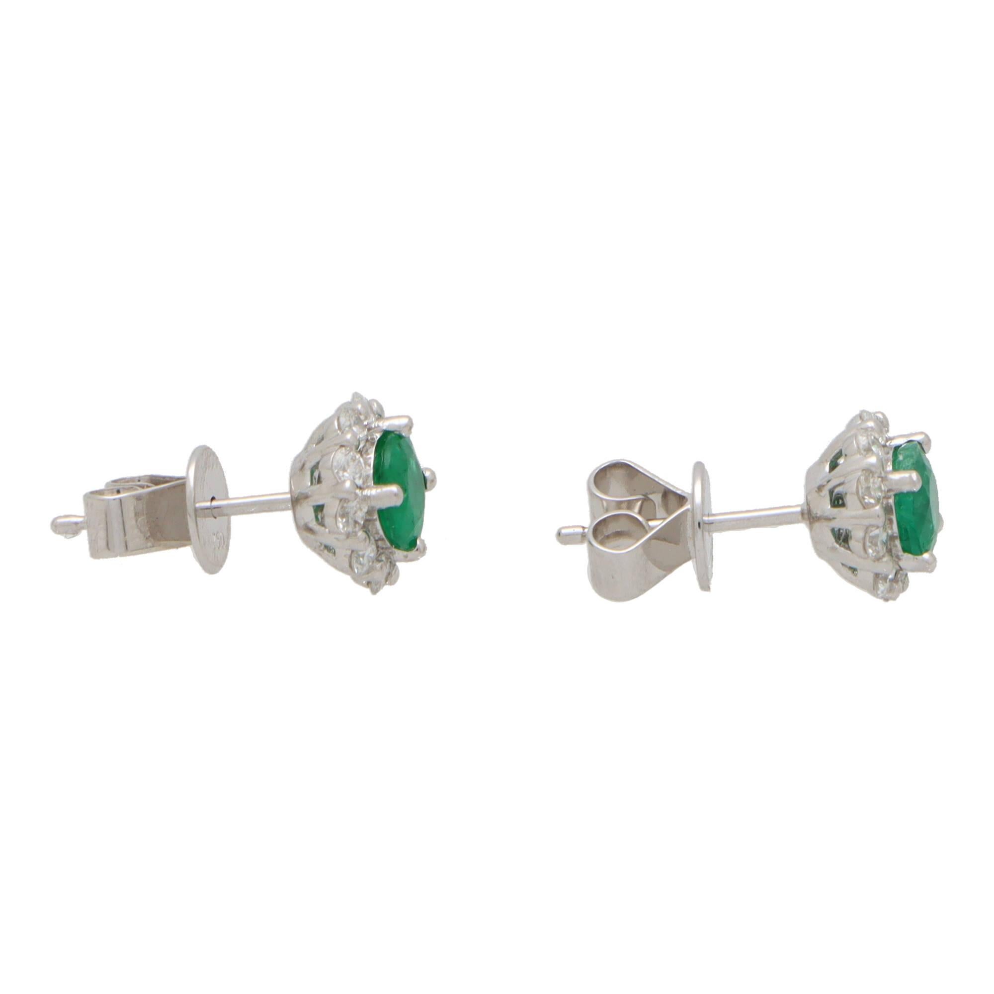 Women's or Men's Contemporary Emerald and Diamond Floral Cluster Earrings in 18k White Gold For Sale