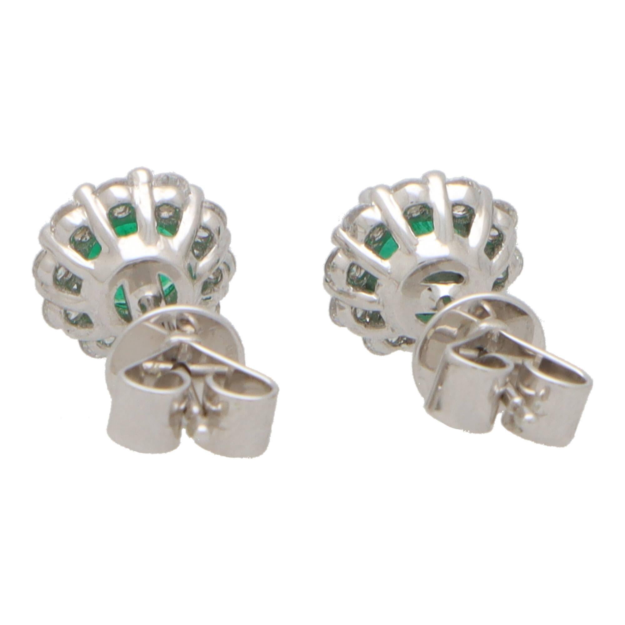 Contemporary Emerald and Diamond Floral Cluster Earrings in 18k White Gold For Sale 1