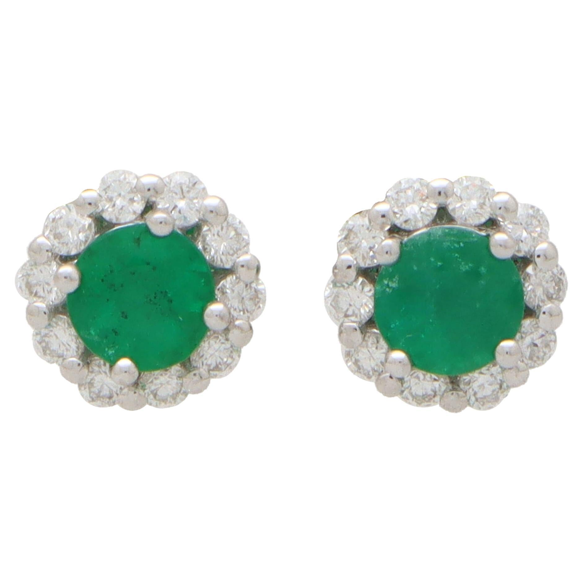 Contemporary Emerald and Diamond Floral Cluster Earrings in 18k White Gold For Sale