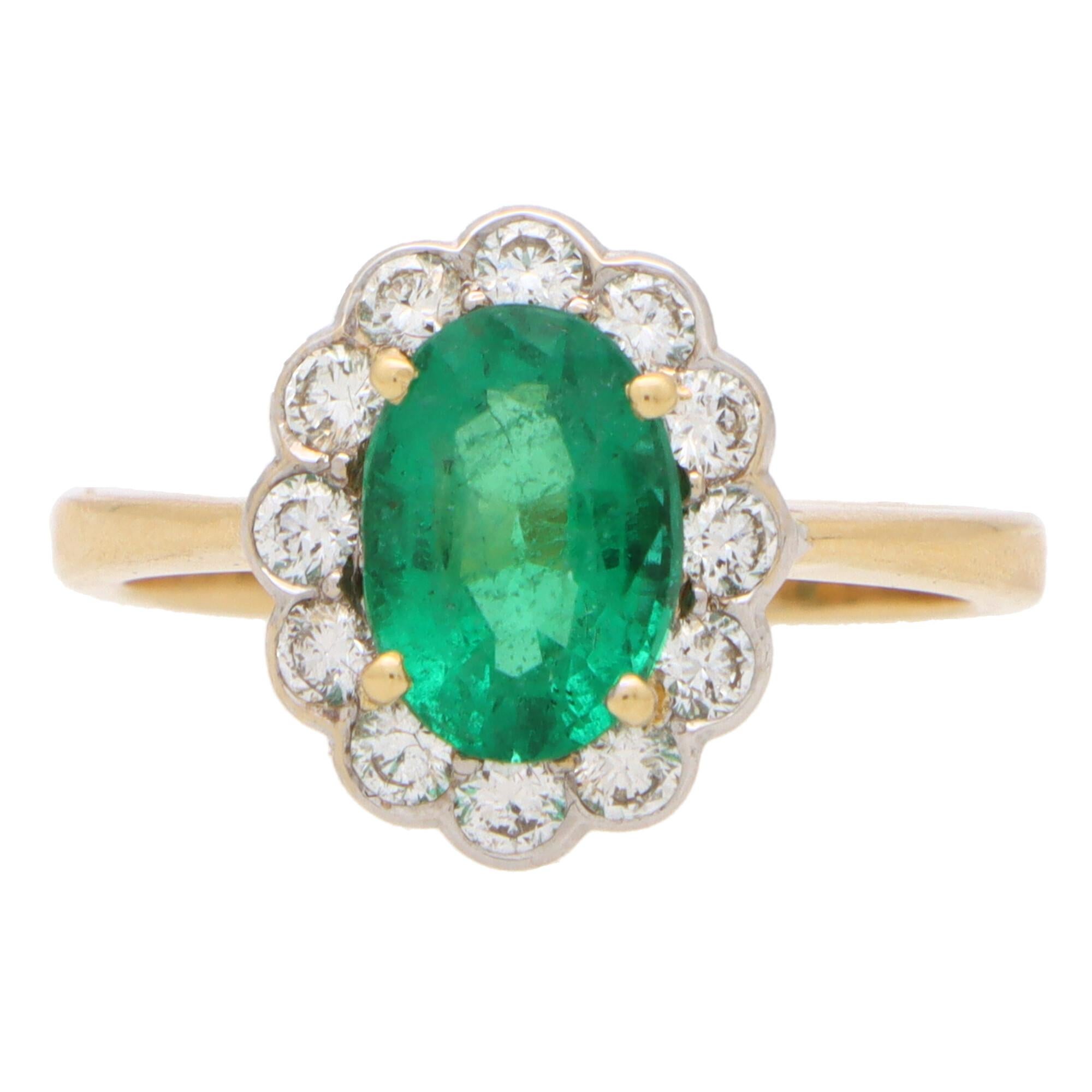 A beautiful emerald and diamond cluster ring set in 18k yellow and white gold.

The piece is centrally set with a vibrant oval cut emerald which is claw set in yellow gold. The emerald has a fantastic vibrant green colour to it and is surrounded by