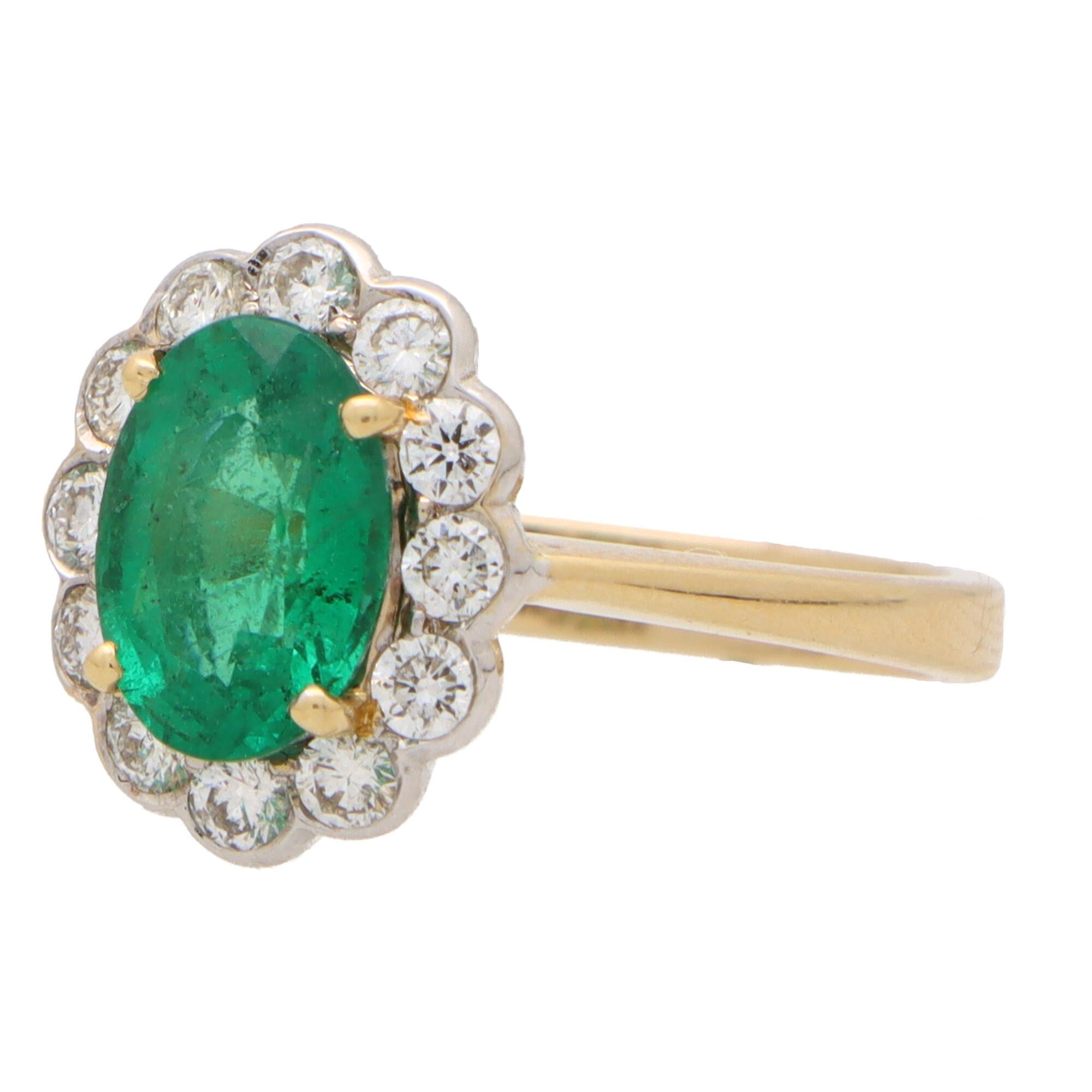 Oval Cut Contemporary Emerald and Diamond Floral Cluster Ring Set in 18k Gold For Sale