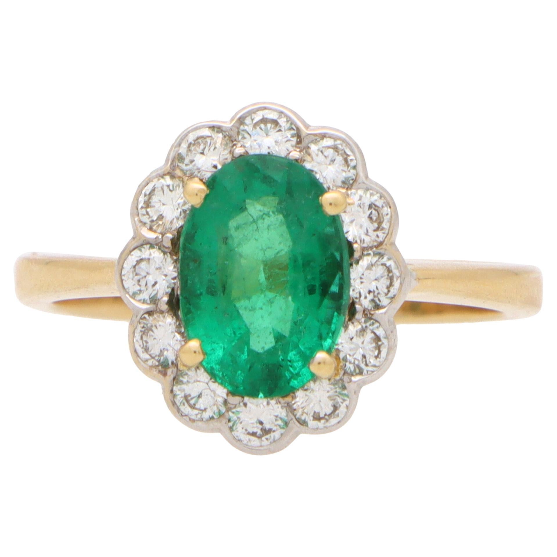 Contemporary Emerald and Diamond Floral Cluster Ring Set in 18k Gold For Sale