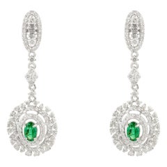 Contemporary Emerald and Diamond Floral Drop Earrings Crafted in 14K White Gold