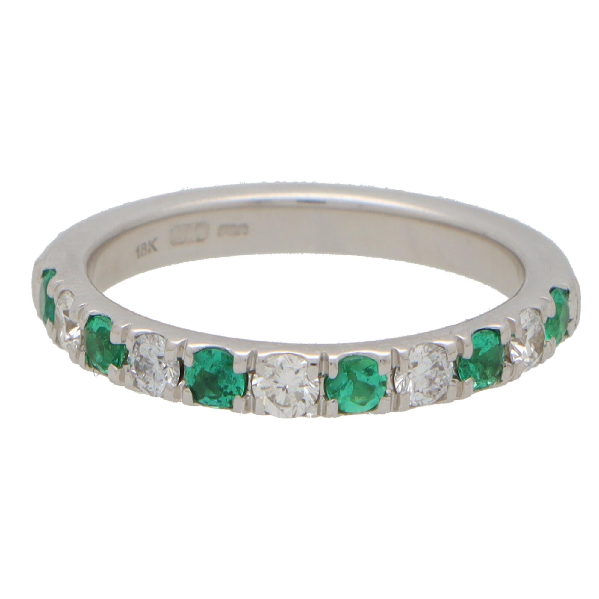 Women's or Men's Contemporary Emerald and Diamond Half Eternity Band Ring in 18k White Gold For Sale